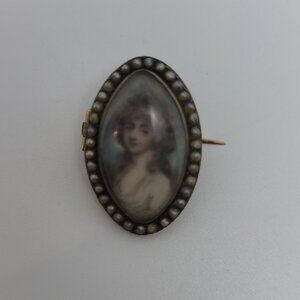 Antique Victorian 18K, Hand-painted Porcelain & Seed Pearl Pin/Brooch